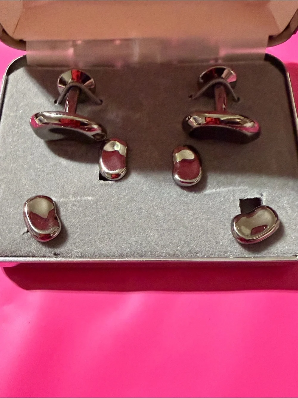 JJ Weston Gunmetal Kidney Bean Cuff Links and Stud Set Vintage New in Box